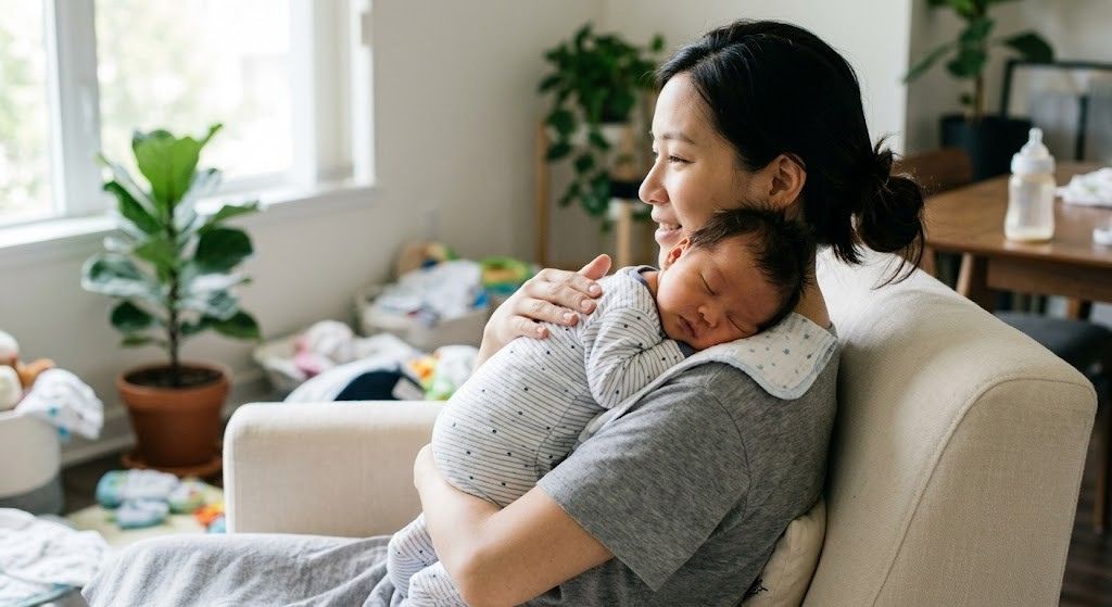 妈妈把新生宝宝竖着抱在胸前,那种喂完奶后安静的拥抱,本身就是一个拍嗝的姿势